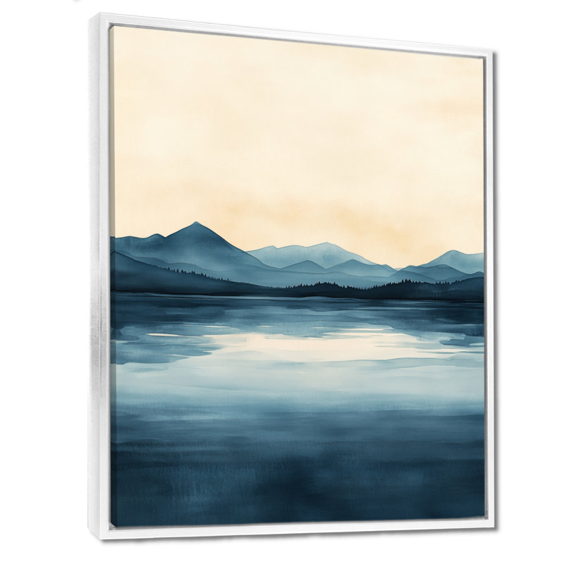 «Neutral Lake Horizon I - Beige Nature», art mural, Cadre flottant blanc, H 20 po x l 12 po