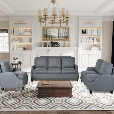 3 Piece Living Room Ensemble, Seater Couch, 2 , Armchair, Upholstered, High - Dense Sponge, Strength Springs, Easy To Maintain, Gray, 6 Seats With Modern Design, + Accent Chair, Soft Fabric, Sponge