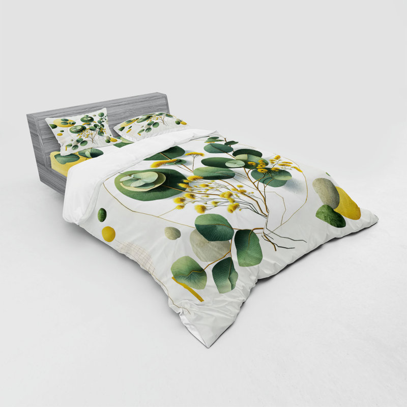 Ensemble de literie à feuilles d'eucalyptus Ambesonne et vert fougère jaune et blanc