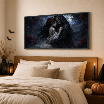 Art mural sur toile gothique avec squelettes et roses rouges