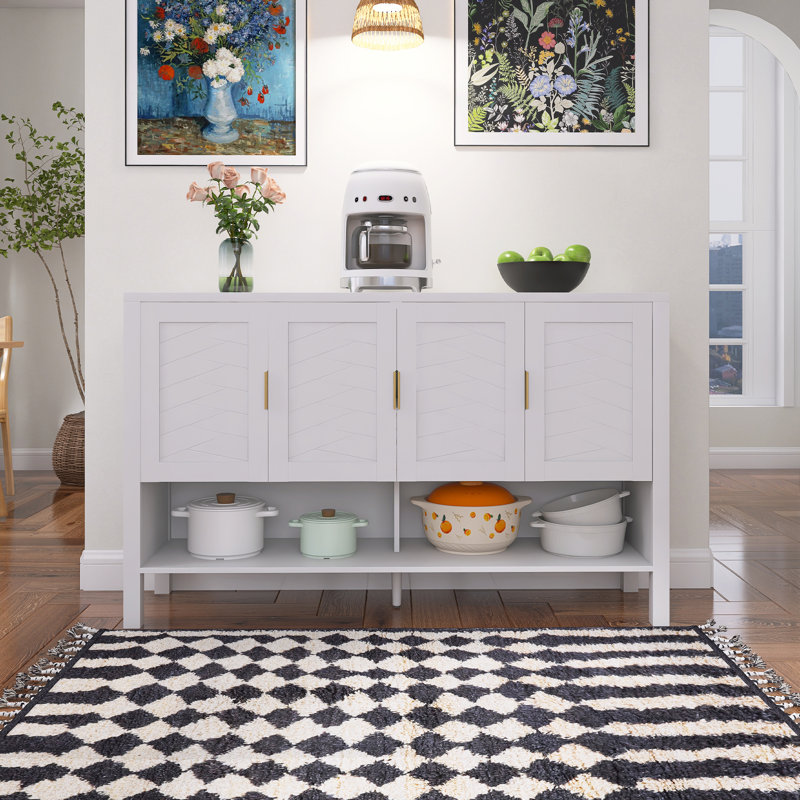 Buffet de rangement en panneau de fibres à densité moyenne avec 4 portes, buffet multifonctionnel avec tablette ouverte et 2 tablettes réglables, armoire moderne avec crochets doubles, blanc