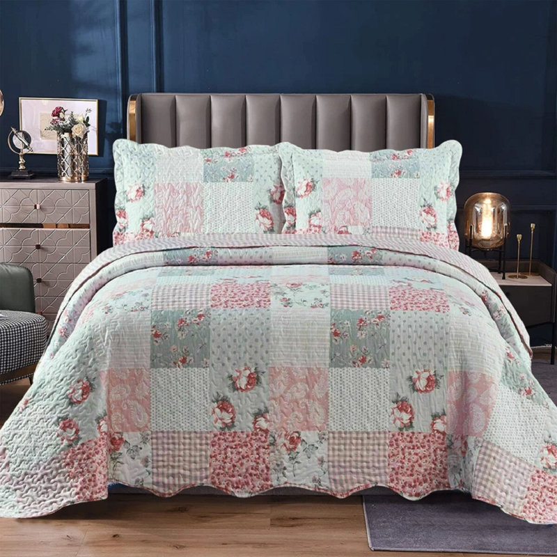 Polyester Patchwork Bedspread with Pillow Shams, Double Bedspread + 2 Standard Shams, Grey