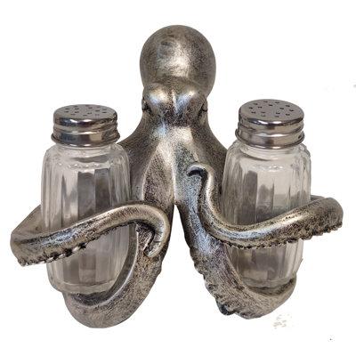 Polyresin Decorative Faux Metal Deep Sea Octopus Kitchen Table Salt and Pepper Shaker Holder Set