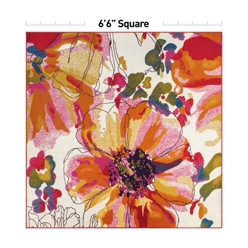 Florentia Floral Tufted Orange/Pink/Ivory Non-Slip Rubberback Area Rug, Square 6'6"