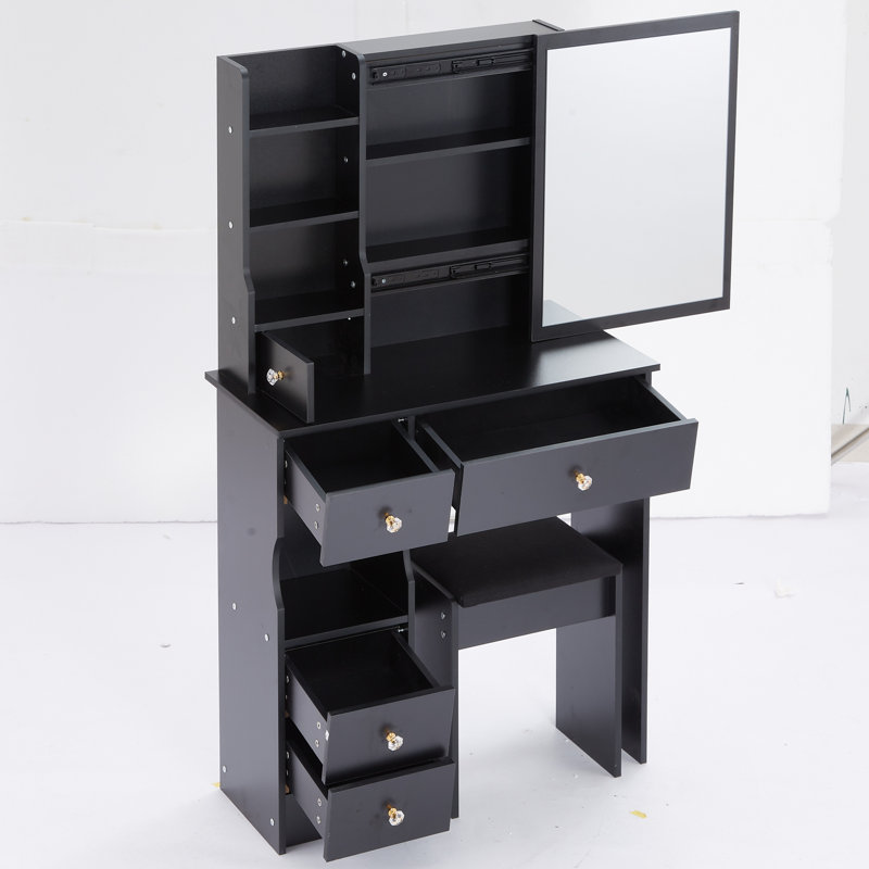 Petit meuble-lavabo de 29,2 po avec tabouret de bureau et tabouret rembourré, très grand miroir coulissant à droite, rangement multi-couches à grande capacité, commode pratique et pratique, convient aux petits espaces