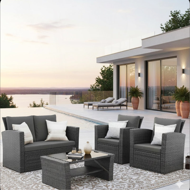4-Piece Wicker Patio Conversation Set With Glass Table And Black Cushions, Gray, Black