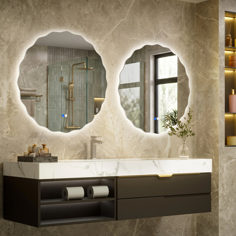 Miroir de salle de bain Scalloped Wavy Led Backlit, 24 x 24 po, Rond