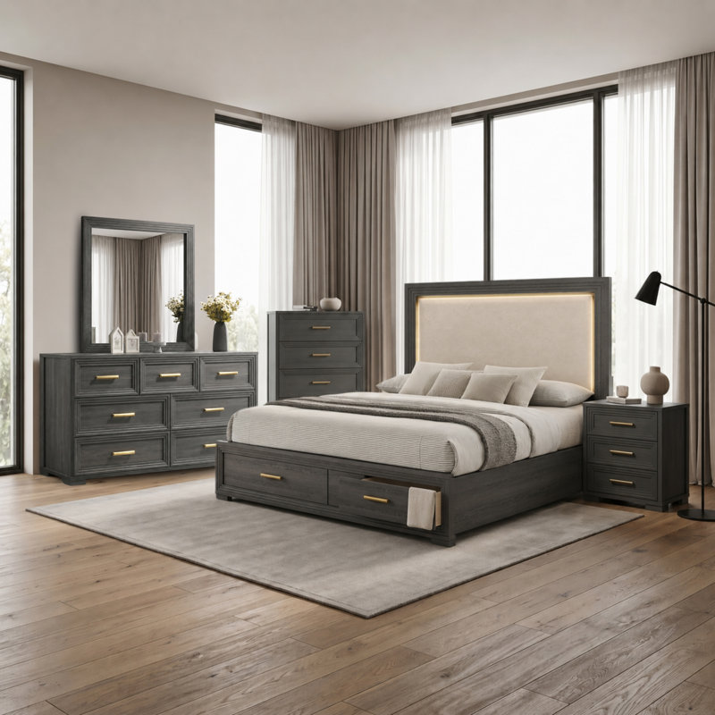 Ensemble de chambre avec lit tapissier Liora, Gris anthracite, Ensemble de 5 pièces : lit, table de chevet, comm