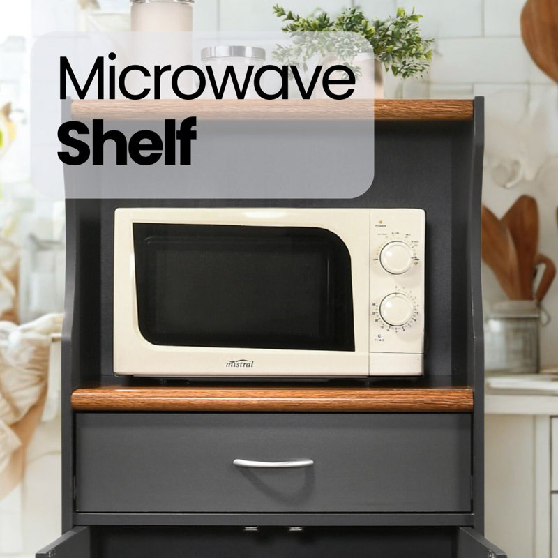 Rolling Kitchen Cart with  Microwave Shelf, Utensil Drawer, Interior Cabinet Storage Space and Locking Wheels, Gray