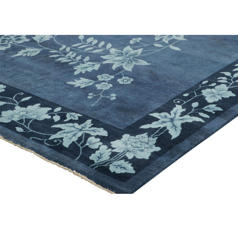 Art Deco Hand Knotted Wool Floral Area Rug, Rectangle 5' x 7'