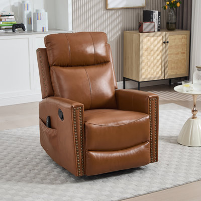 30.5 "W Manual Genuine Leather Rocking Recliner, Swivel Chair, Vintage Recliner With Heated Massage by Lark Manor