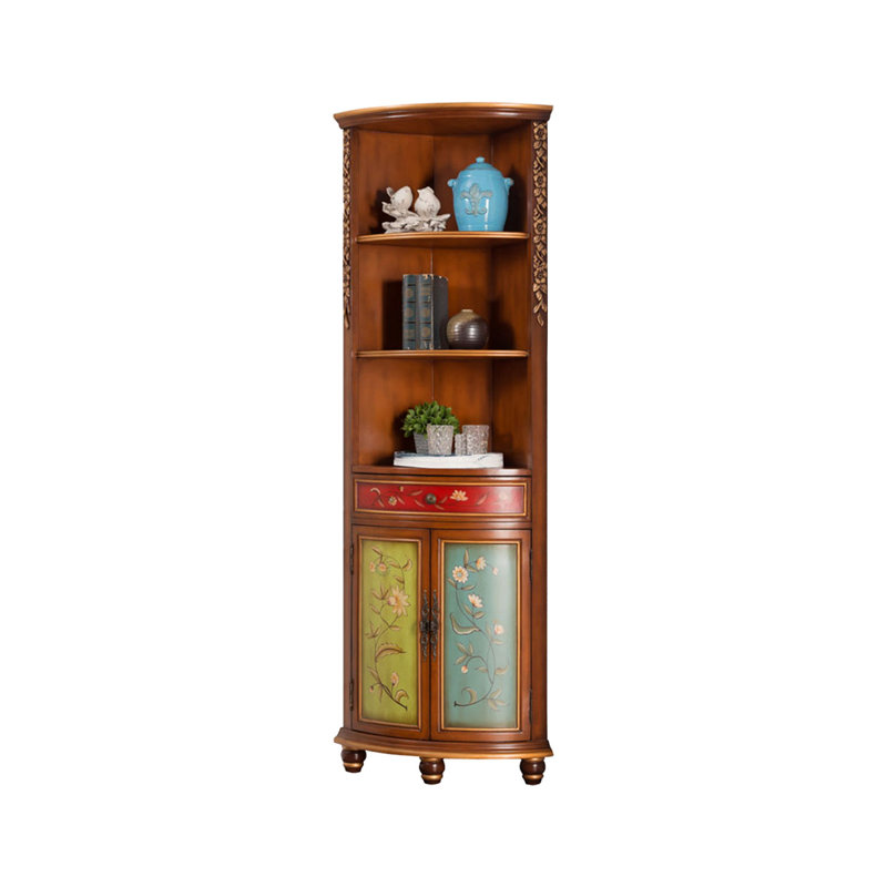 Armoire de coin rustique florale peinte à la main, grande tablette autoportante en bois massif avec 2 portes et tiroir, armoire de rangement décorative traditionnelle pour le salon, le vestibule et la salle à manger
