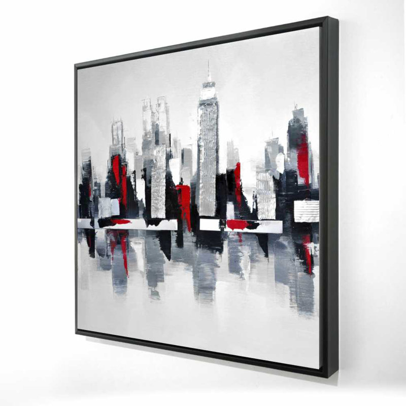 Toile grise et rouge avec paysage urbain | Art urbain urbain, H 25,25 po x l 25,25 po