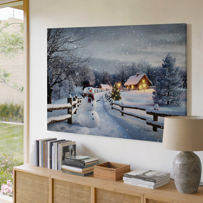 Toile, Une scène hivernale charmante avec un bonhomme de neige joyeux avec un art mural noir et un nez de carotte orange vif orné d'art sur toile