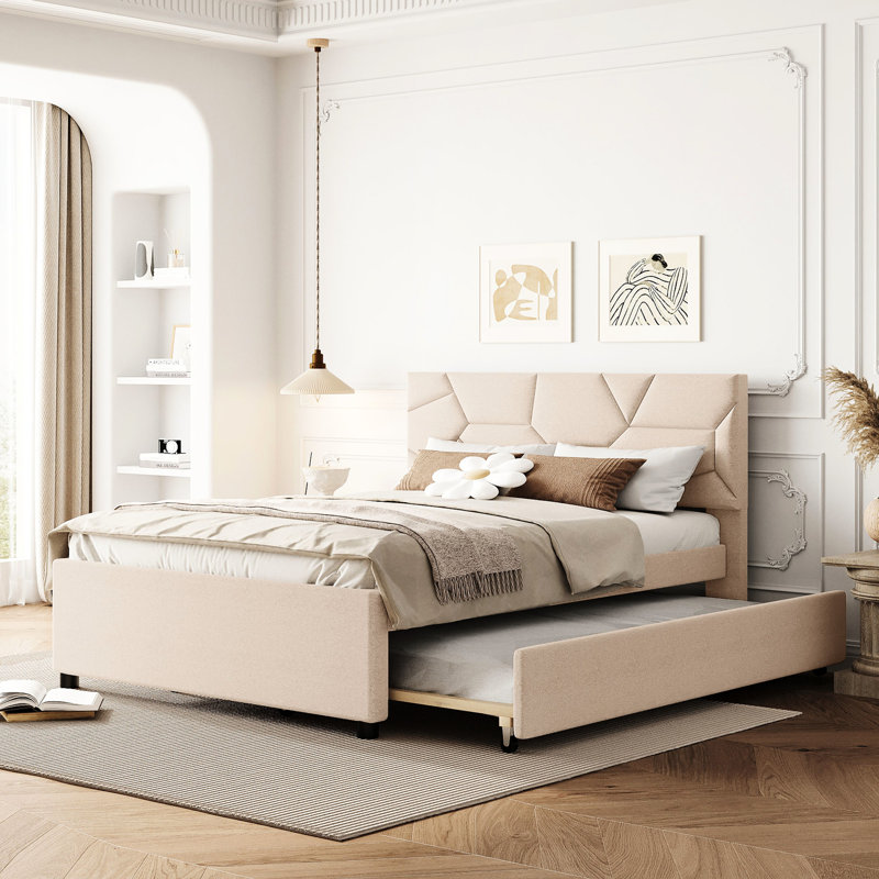 Beige Linen Fabric Upholstered Platform Bed With Brick-Pattern Headboard And Extendable Twin Trundle Brick Pull-Out In
