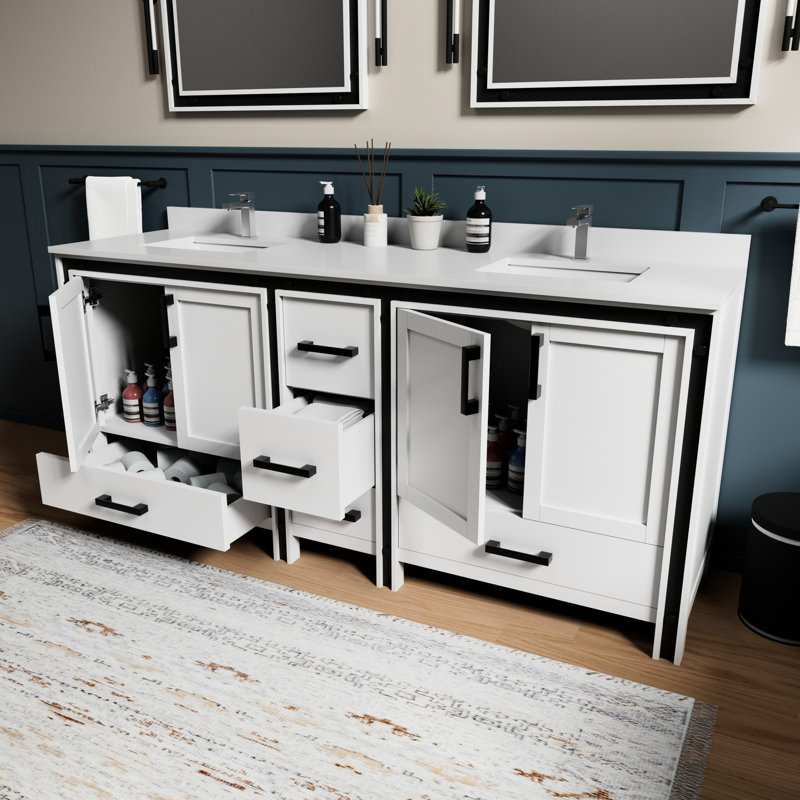 Armoire de salle de bain blanche 80 po - Comptoir en quartz, 30 miroirs, fermeture en douceur, grand comptoir de meuble-lavabo, espace