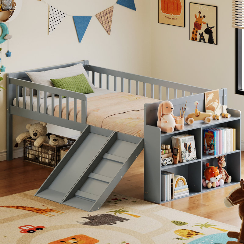 Bed Frame With Storage Shelf, Wooden Bed With Slide And Ladder, Guardrail, Gray