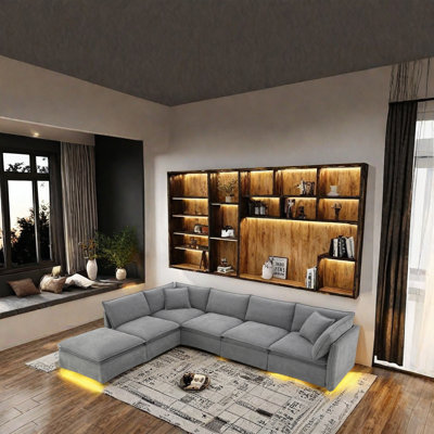 Canapé modulaire modulaire avec repose-pieds mobile, coussins en mousse pure d'aspect nuage, revêtement en chenille de qualité supérieure et canapé à jupe élégante