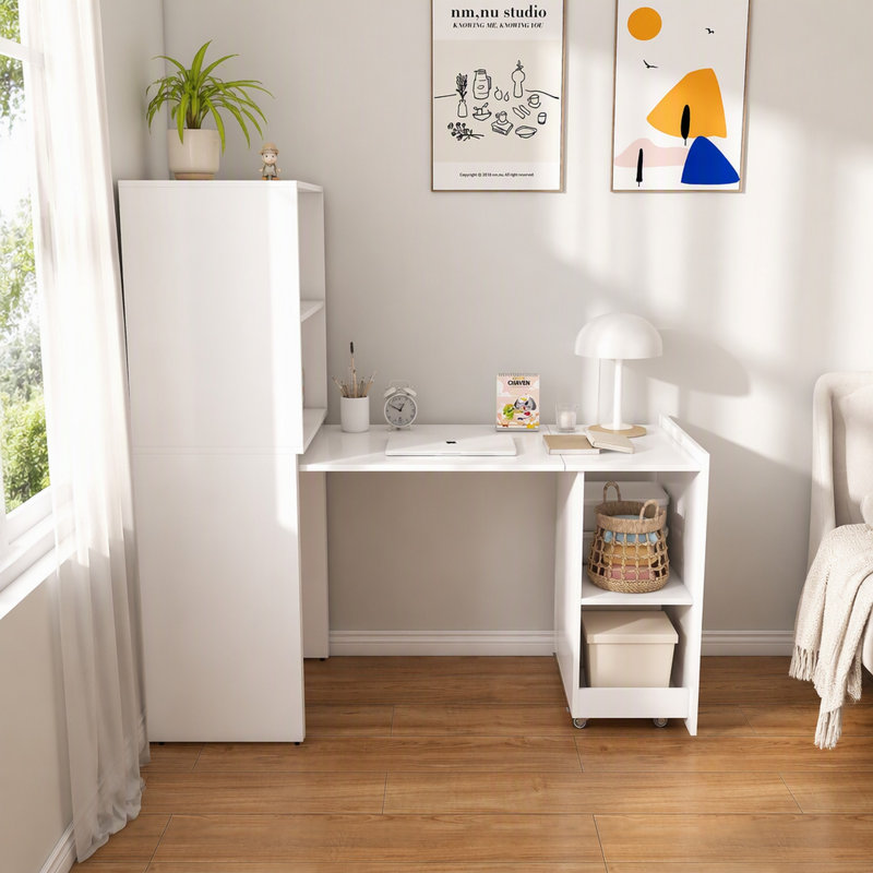 Bureau pliable avec étagères de rangement et roulettes, blanc, pour petits appartements et bureaux