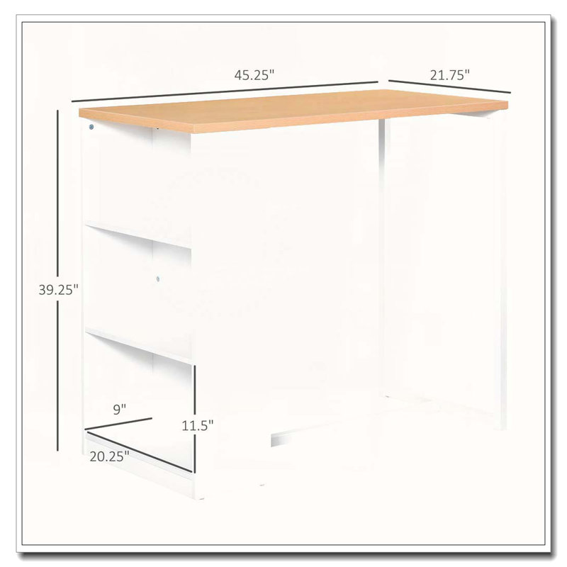 Table de bar à hauteur de comptoir avec 3 tablettes de rangement, H 39,3 po x L 45,3 po x l 21,8 po, Bois naturel, Blanc