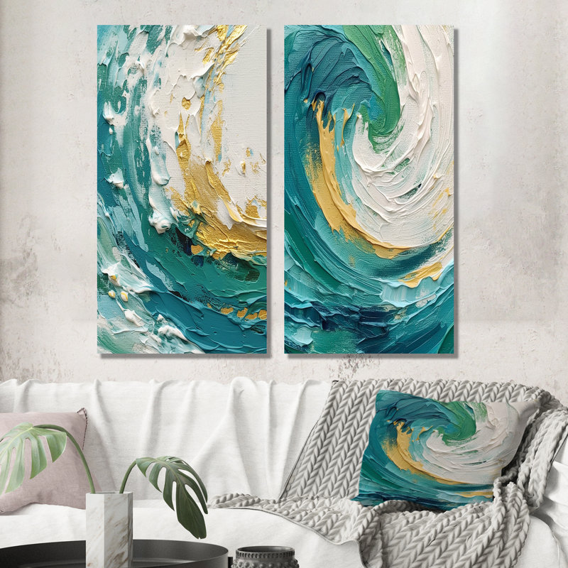«Teal surreal spirals» - 2 pièces, Toile tendue, H 32 po x l 32 po
