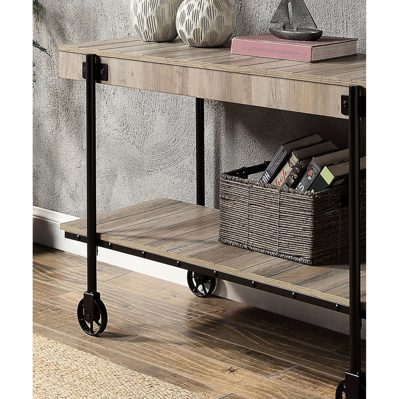 Console de style industriel avec placage en papier et tablette inférieure ouverte en forme de lattes de meubles de style transitionnel naturel