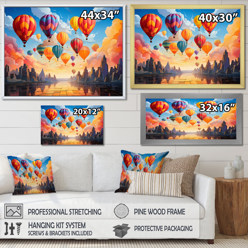 «Colorful Hot Air Ballon Cubist I», reproduction d'art sur toile, H 34 po x l 44 po x P 1,5 po, Cadre flottant blanc