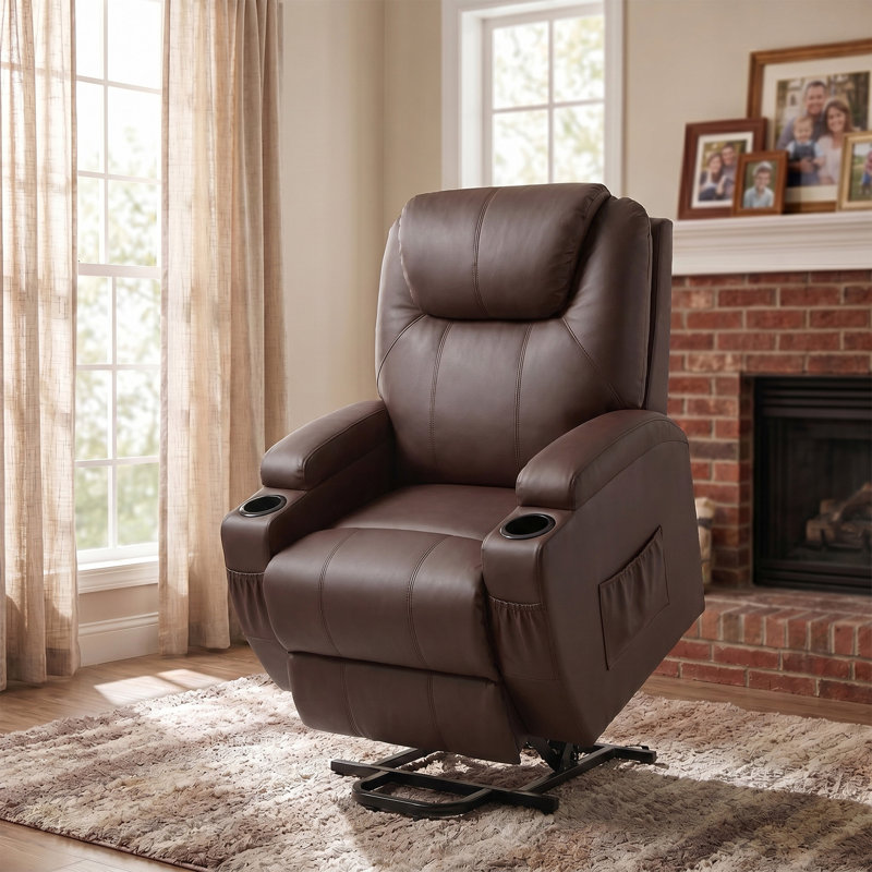 Polyester and Metal Frame Power Lift Massage Recliner , Brown Faux Leather
