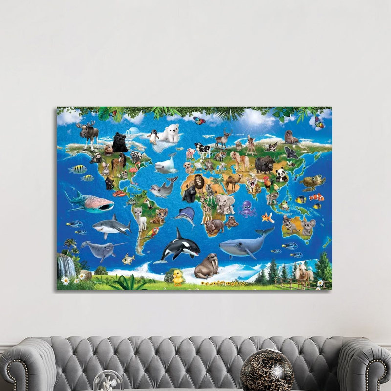 Animal Club World Map by P.D. Moreno - Print on Canvas, Wrapped Canvas, 66.04 cm H x 45.72 cm W x 3.175 cm D
