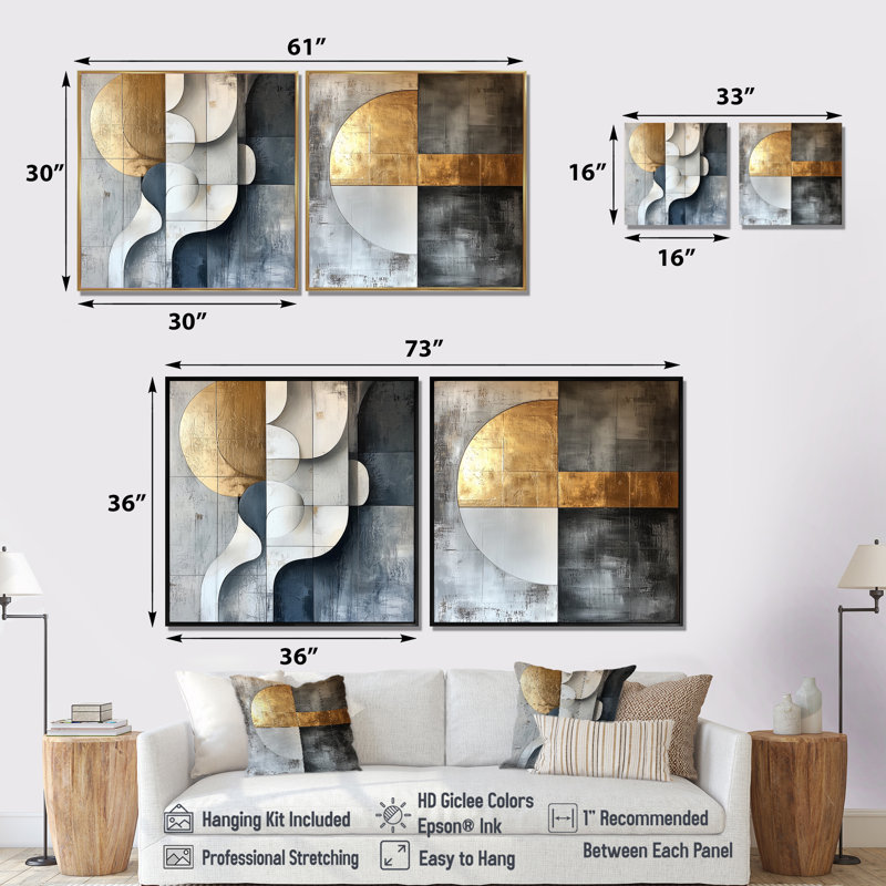 2 pièces géométriques dorées et grises Pure Form I - art mural géométrique - art mural moderne pour le salon, Toile tendue