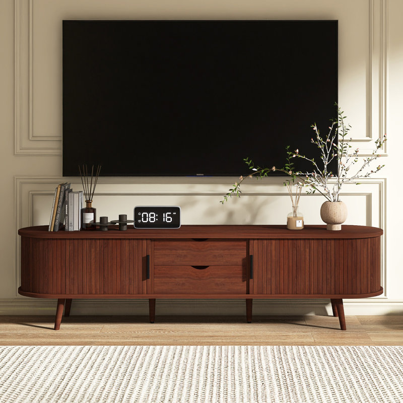 Meuble télé 70,8 po Mid-Century avec prise de courant, 2 tiroirs pour téléviseurs de 75 po ou moins