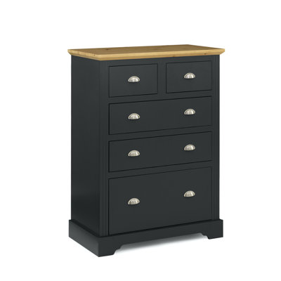 Commode 5 tiroirs Alaska en bois massif gris foncé avec plateau en bois de pin