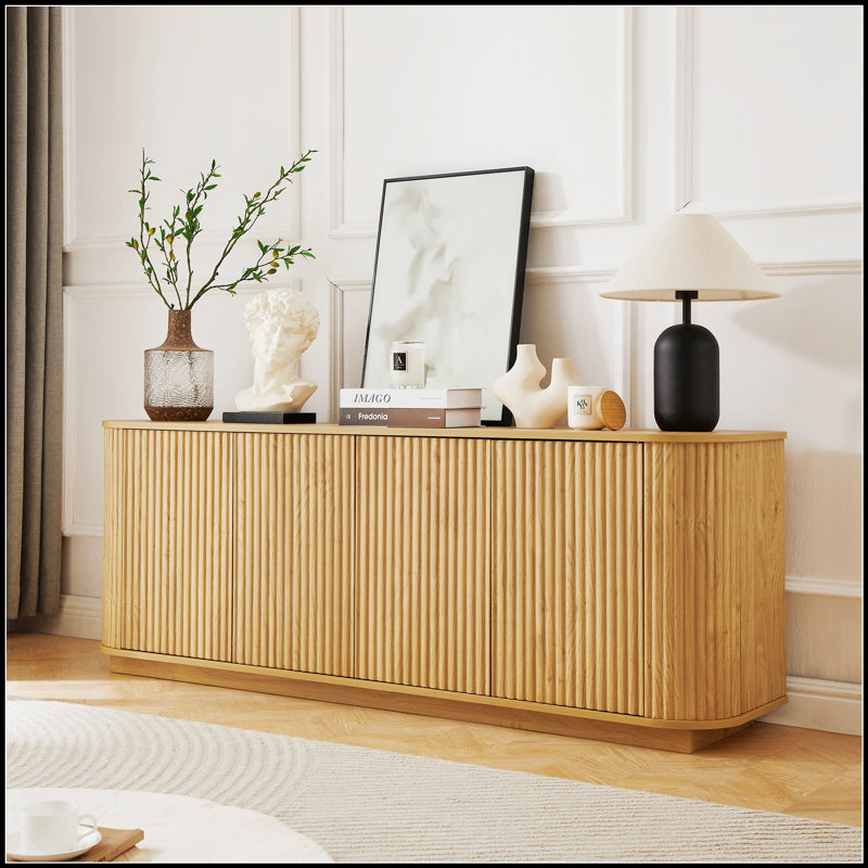 Contemporary Wave Pattern Sideboard Storage Cabinet, Natural Finish, Ideal For Kitchen, Bedroom, And Entryway, 64''W X 15''D X 24''H