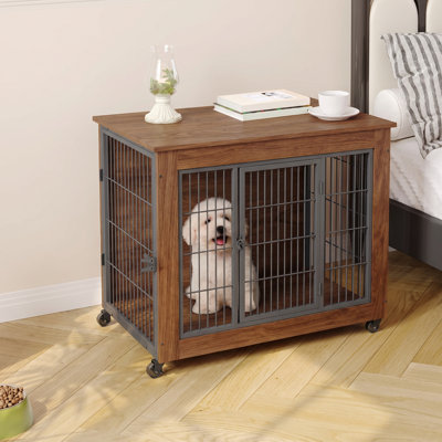 Cage en bois pour chien avec roulettes, niche de style meuble avec double porte grillagée, meuble d'intérieur servant également de table d'appoint, cage décorative pour chiens de petite et moyenne taille, marron