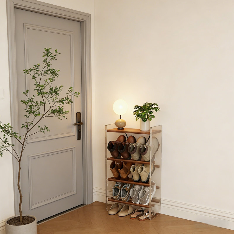 Freestanding Shoe Rack, Solid Wood & Acrylic, 4-Tier Slanted Design For Large Size & High-Top Shoes, Shoe Cabinet For Entryway, Bedroom & Living Room