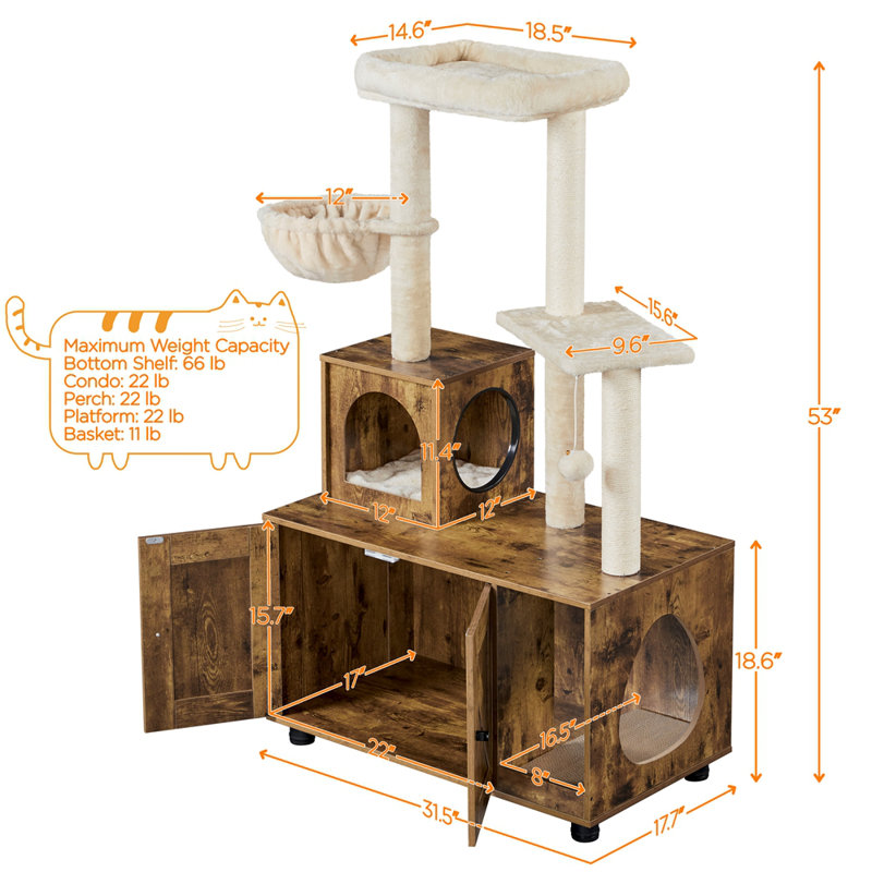 Rustic Brown Cat Tree Tower with Litter Box Enclosure