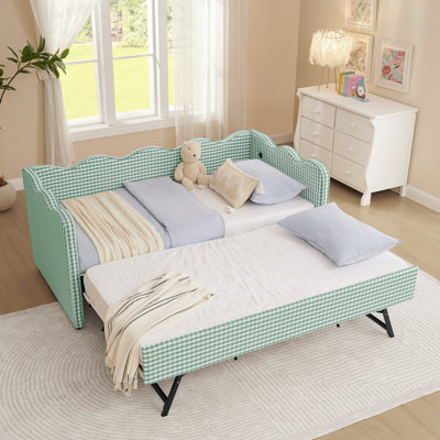 Cozy Gingham Daybed With Trundle, Twin Size Sofa Bed, No Box Spring Needed, USB Port, Adorable Wave Shaped, Linen Fabric