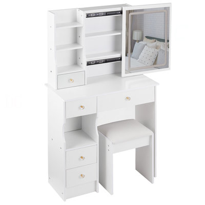 29.2" Small Size Left Drawer Desktop Vanity Table + Cushioned Stool, Large Sliding, Touch Control, Tri-Colour Switching, Brightness Adjust LED Mirror, High Capacity Storage, Suitable For Small Space