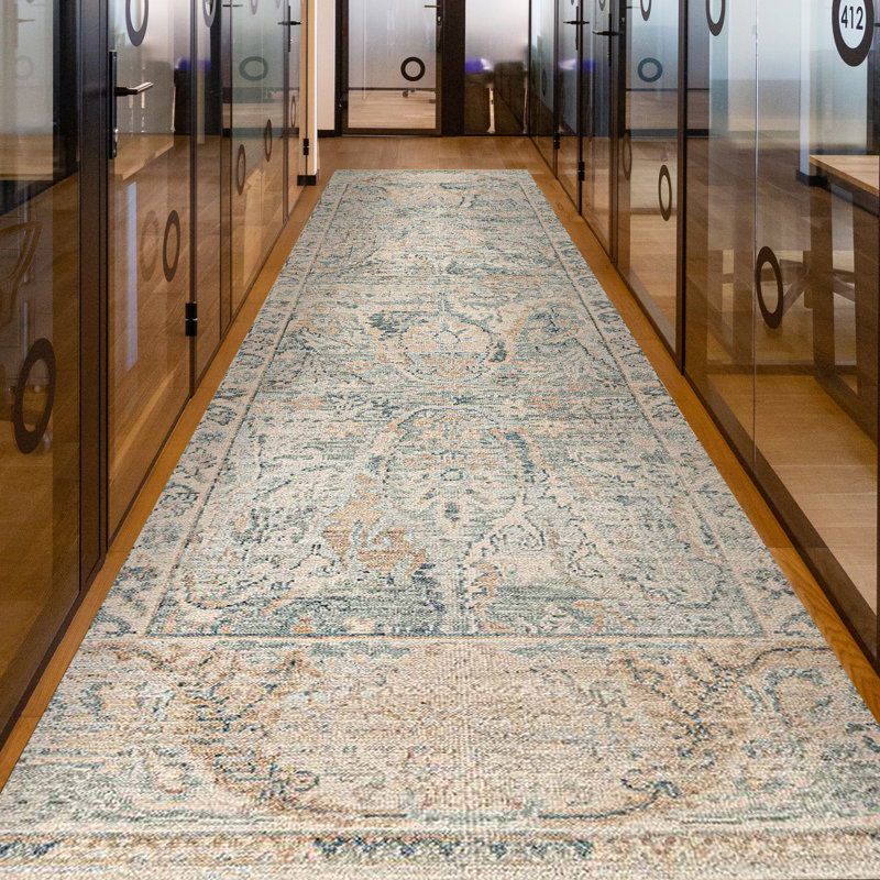 Hand Knotted Wool Area Rug in Turquoise And Beige, Runner 2'6" x 10'