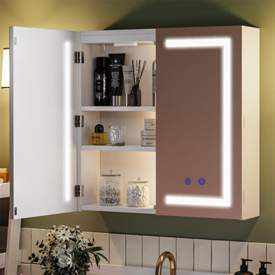 Bathroom Wall-mounted Mirror Cabinet With Led Lights And Shaver Socket, Illuminated Led Bathroom Cabinets With Mirror,demister Pad, Dimmable, 3 Colour Light