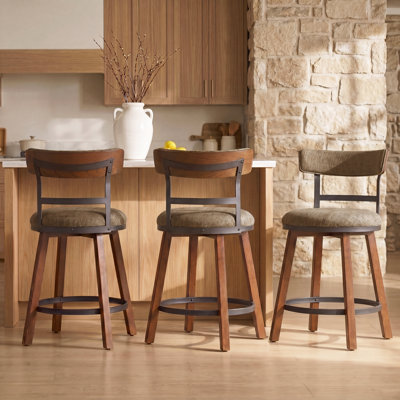 Ensemble de tabourets de bar modernes de 3 po de 26 po d'épaisseur avec dossier courbé en frabic et pieds en bois massif et structure en métal mat, tabourets de bar à hauteur de comptoir pour Kicthen Island, café