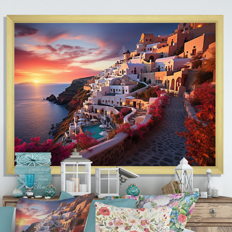 Grèce Oia Splendor IV sur toile, Encadrement doré, H 16 po x l 32 po x P 1 po