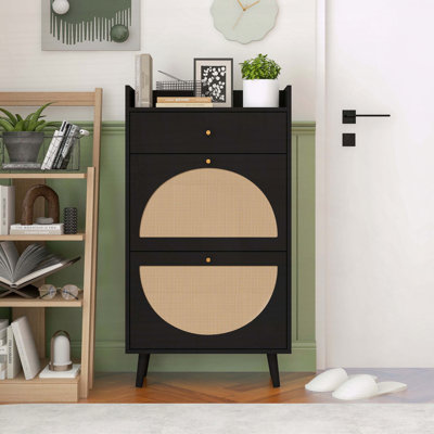 Rattan Shoe Cabinet with Double Shelf and Pine Wood Feet, Natural
