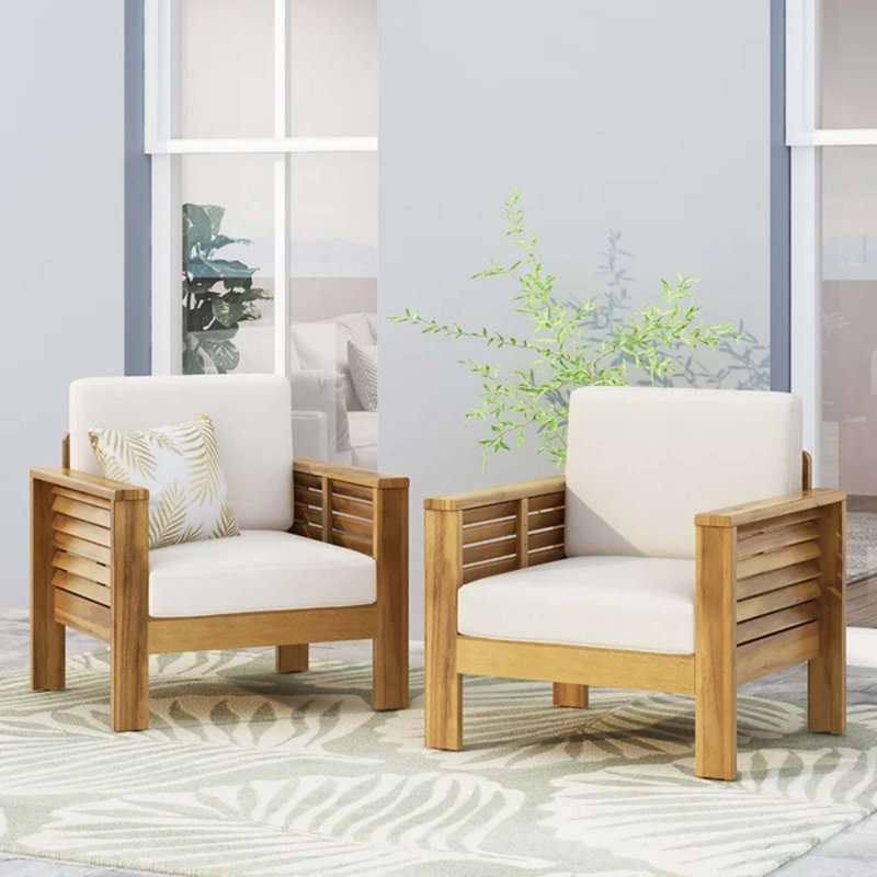 (Ensemble de 2) Fauteuils club d'extérieur en bois d'acacia avec coussins, Beige, Brun