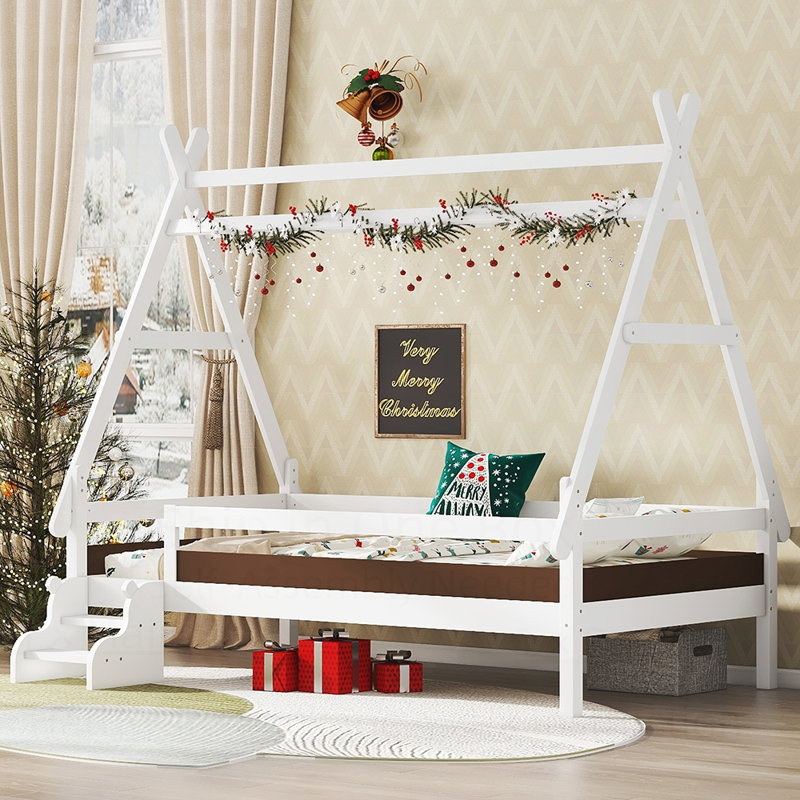 Lit plateforme House avec escalier, structure simple en bois massif, profil bas et conception amusante pour les enfants