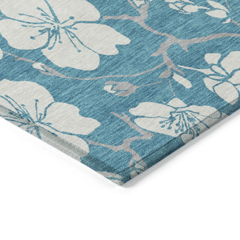 Turquoise Floral Synthetic Washable Rectangular Area Rug