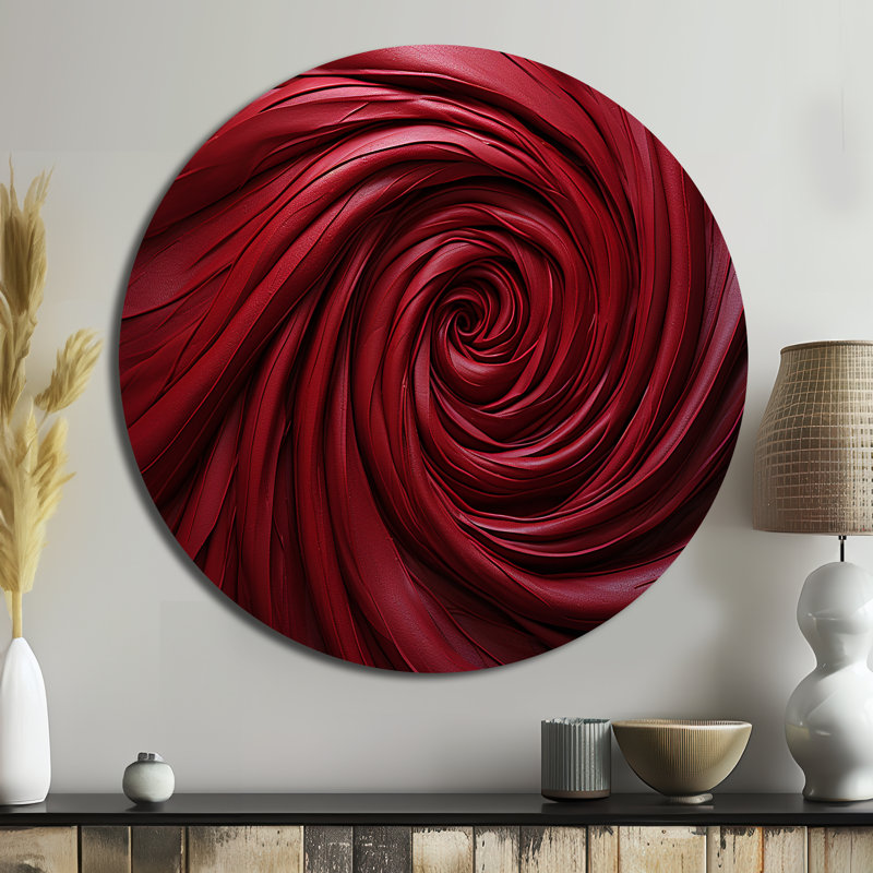 Red Winding Wonder - impressions rondes abstraites sur métal, H 16 po x l 16 po