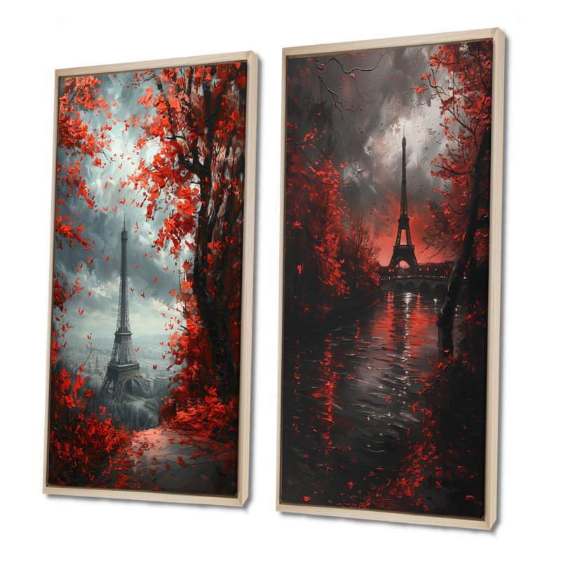 Tour Eiffel rouge et gris «Magic In Paris I - City Paris Wall Art», ensemble de 2 pièces, H 40 po x l 40 po, Érable