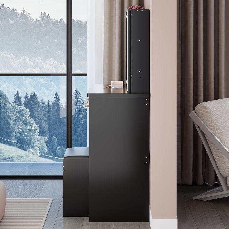 37" Middle Size Left Bedside Cabinet Vanity Table + Cushioned Stool, Extra Large Right Sliding Mirror, Black