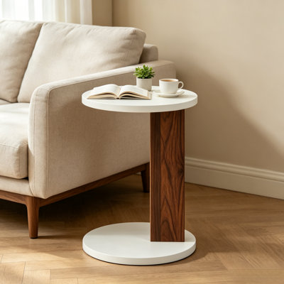 Modern Round White Side Table with Walnut Wood Accent Pedestal, Small C-Shaped End Table for Living Room Bedroom